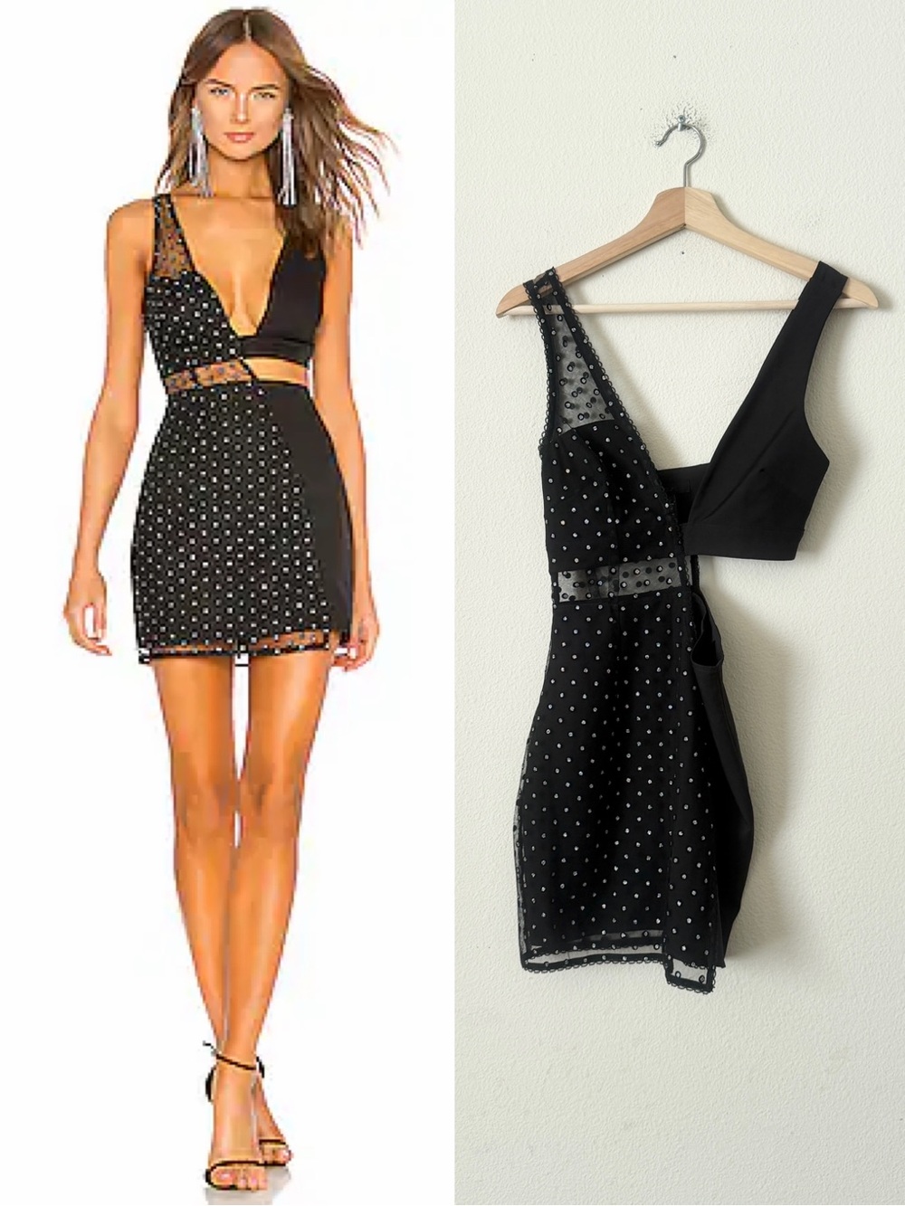 Revolve h:ours XS Laeticia black dot mesh detail cutout mini dress